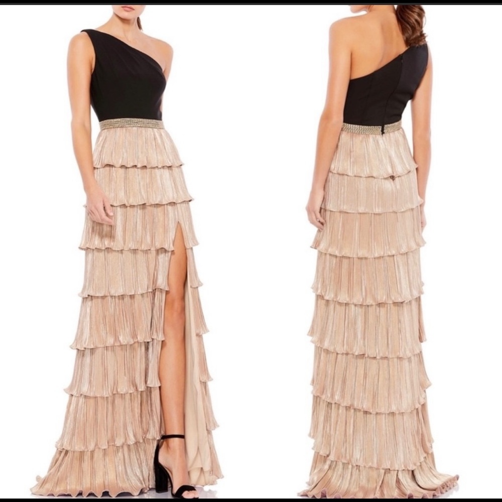 IEENA FOR MAC DUGGAL one shoulder layered ruffle black tiered gold metallic gown